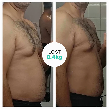 Customer before and after transformation – lost 8.4kg